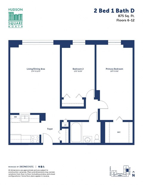 Floor plan for 2 beds, 1 bath, 875 sqft